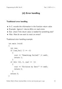 Programming for MSc Part II  Part 2: OOP in C++ (d) Error handling