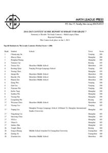 CONTEST SCORE REPORT SUMMARY FOR GRADE 7 Summary of Results 7th Grade Contests – Math League China Regional Standing This Contest took place on Jan 3, 2015. Top 60 Students in 7th Grade Contests (Perfect Scor