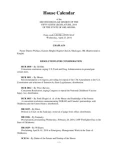 House Calendar of the SECOND REGULAR SESSION OF THE FIFTY-SIXTH LEGISLATURE, 2018 OF THE STATE OF OKLAHOMA __________