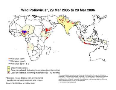 Wild Poliovirus*, 29 Mar 2005 to 28 MarWild virus type 1 Wild virus type 3 Wild virus type 1 & 3 Endemic countries