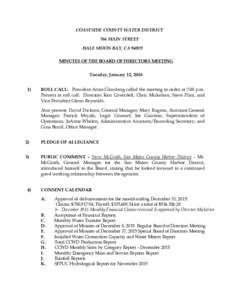 COASTSIDE COUNTY WATER DISTRICT 766 MAIN STREET HALF MOON BAY, CAMINUTES OF THE BOARD OF DIRECTORS MEETING  Tuesday, January 12, 2016