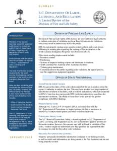 SUMMARY  S.C. DEPARTMENT OF LABOR, LICENSING, AND REGULATION A Limited Review of the Division of Fire and Life Safety
