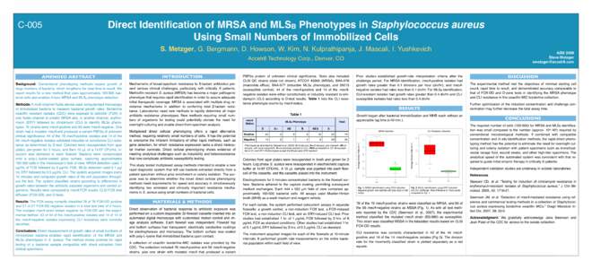 C-005  Direct Identification of MRSA and MLSB Phenotypes in Staphylococcus aureus Using Small Numbers of Immobilized Cells S. Metzger, G. Bergmann, D. Howson, W. Kim, N. Kulprathipanja, J. Mascali, I. Yushkevich