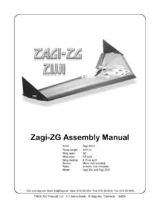 Zagi-ZG Assembly Manual Airfoil Flying weight Wing span Wing area Wing loading