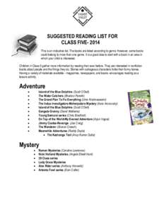 SUGGESTED READING LIST FOR CLASS FIVE[removed]This is an indicative list. The books are listed according to genre. However, some books could belong to more than one genre. It is a good idea to start with a book in an area 