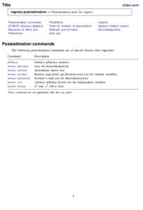 Title  stata.com regress postestimation — Postestimation tools for regress  Postestimation commands