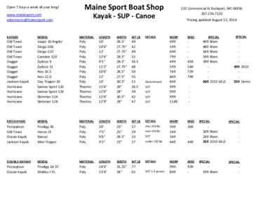 Open 7 Days a week all year long!  Maine Sport Boat Shop Kayak - SUP - Canoe  www.mainesport.com