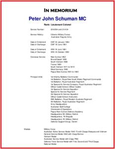 In memorium Peter John Schuman MC Rank: Lieutenant Colonel Service Number:  and