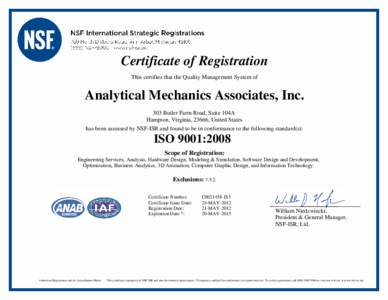 Certificate of Registration This certifies that the Quality Management System of FT  Analytical Mechanics Associates, Inc.