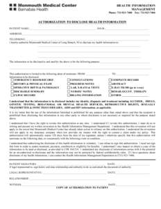 Authorization to Disclose Health Information -  Monmouth Medical Center