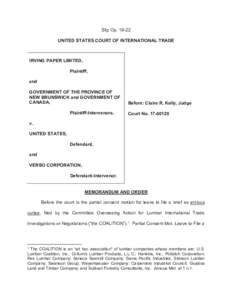 Slip OpUNITED STATES COURT OF INTERNATIONAL TRADE IRVING PAPER LIMITED, Plaintiff, and