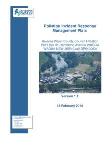 Pollution Incident Response Management Plan: Riverina Water County Council Filtration Plant Site 91 Hammond Avenue WAGGA WAGGA NSW[removed]Lot2 DP540063)