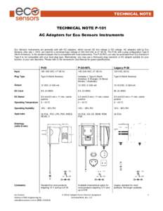 TECHNICAL NOTE TECHNICAL NOTE P-101 AC Adapters for Eco Sensors Instruments Eco Sensors’ instruments are generally sold with AC adapters, which convert AC line voltage to DC voltage. AC adapters sold by Eco Sensors, af