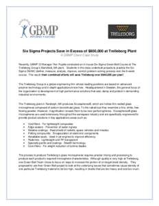 Six Sigma Projects Save in Excess of $800,000 at Trelleborg Plant A GBMP Client Case Study Recently, GBMP CI Manager Ron Pujalte conducted an in-house Six Sigma Green Belt Course at The Trelleborg Group’s Mansfield, MA
