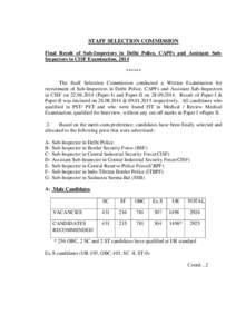 STAFF SELECTION COMMISSION Final Result of Sub-Inspectors in Delhi Police, CAPFs and Assistant SubInspectors in CISF Examination, 2014 ****** The Staff Selection Commission conducted a Written Examination for recruitment