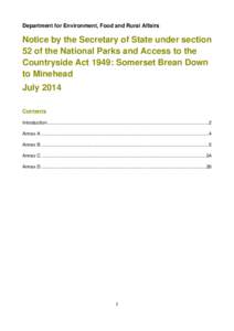 Department for Environment, Food and Rural Affairs  Notice by the Secretary of State under section 52 of the National Parks and Access to the Countryside Act 1949: Somerset Brean Down to Minehead
