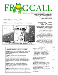 THE FROG AND TADPOLE STUDY GROUP NSW Inc. Email:  PO Box 296 Rockdale NSW 2216 Website: www.fats.org.au ABN: NEWSLETTER No. 108 August 2010