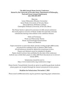 The 46th Annual Hume Society Conference Hosted by the University of Nevada, Reno, Department of Philosophy, Paul and Gwen Leonard Endowment, July 22th-26th 2019 Directors Lorne Falkenstein (Western University)