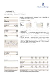 Leifheit AG Q3 results due out onAccording to our channel checks, the Q3 numbers Leifheit is due to report on 11 November 2015 are likely to be strong