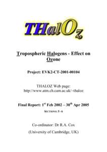 Tropospheric Halogens - Effect on Ozone Project: EVK2-CTTHALOZ Web page: http://www.atm.ch.cam.ac.uk/~thaloz Final Report: 1st Feb 2002 – 30th Apr 2005