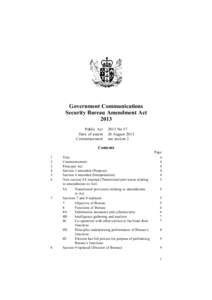 Government Communications Security Bureau Amendment Act 2013 Public Act Date of assent Commencement