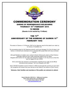 COMMEMORATION CEREMONY SHRINE OF REMEMBRANCE MELBOURNE THURSDAY 19TH FEBRUARY[removed]NOON