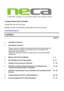 Transport North East Committee Tuesday 29th July, 2014 at 2.00 pm Meeting to be held: Committee Room, Newcastle Civic Centre, NE1 8QH www.northeastca.gov.uk  AGENDA