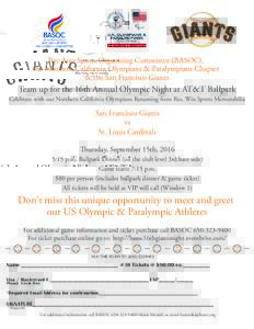 Bay Area Sports Organizing Committee (BASOC), the Northern California Olympians & Paralympians Chapter & the San Francisco Giants Team up for the 16th Annual Olympic Night at AT&T Ballpark Celebrate with our Northern Cal