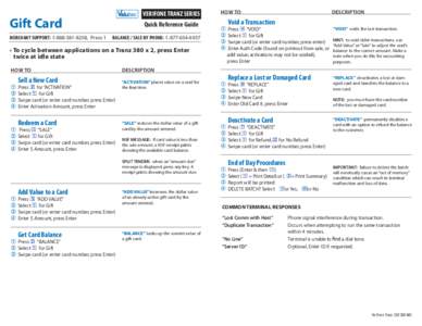 VERIFONE TRANZ SERIES  Gift Card MERCHANT SUPPORT: , Press 1  Quick Reference Guide