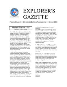 EXPLORER’S GAZETTE Volume 1, Issue 2 Old Antarctic Explorers Association, Inc