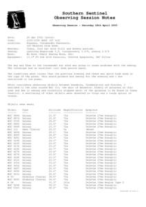Southern Sentinel Observing Session Notes Observing Session - Saturday 26th April 2003 Date: Time: