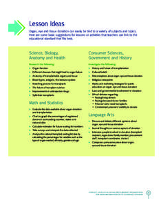 Lesson Ideas Organ, eye and tissue donation can easily be tied to a variety of subjects and topics. Here are some basic suggestions for lessons or activities that teachers can link to the educational standard that fits b