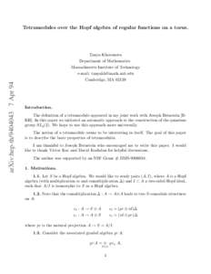 arXiv:hep-thApr 94  Tetramodules over the Hopf algebra of regular functions on a torus. Tanya Khovanova Department of Mathematics