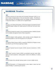 NASDAQ Timeline 1961 Congress authorizes the Securities and Exchange Commission (SEC) to conduct a study of fragmentation in the over-the-counter market. The SEC proposes automation as a possible solution and charges the National Association