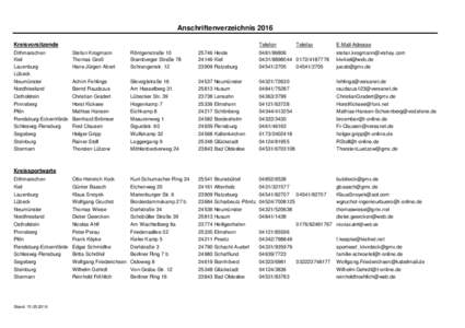 Anschriftenverzeichnis 2016 Kreisvorsitzende Dithmarschen Kiel Lauenburg Lübeck