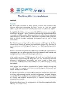 The Himeji Recommendations Final Draft Preamble We, the experts assembled in Himeji (Japan), welcome the initiative of the Japanese authorities in organizing this expert meeting as a first step toward celebrating the 20t