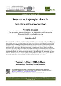 Invitation to Seminar Talk  Eulerian vs. Lagrangian chaos in two-dimensional convection Yohann Duguet
