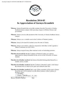 DocuSign Envelope ID: 4CB7DE76-9C6B-48B5-8187-127222DEAFDD  ResolutionIn Appreciation of Jarmyn Kramlich Whereas, Jarmyn Kramlich has served the students from the University of Alaska Southeast Juneau campus whi