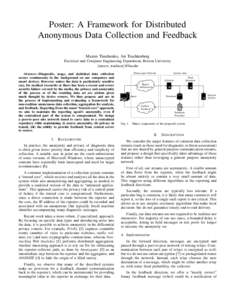 Poster: A Framework for Distributed Anonymous Data Collection and Feedback Maxim Timchenko, Ari Trachtenberg Electrical and Computer Engineering Department, Boston University {maxvt, trachten}@bu.edu Abstract—Diagnosti