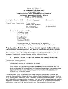 STATE OF VERMONT NATURAL RESOURCES BOARD LAND USE PANEL 100 Mineral Street, Suite 305, SPRINGFIELD, VT[removed]NOTICE OF ALLEGED VIOLATION (