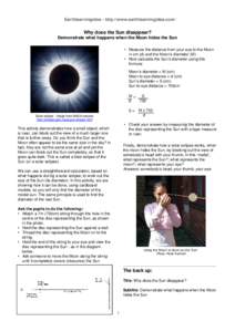 Earthlearningidea - http://www.earthlearningidea.com/  Why does the Sun disappear? Demonstrate what happens when the Moon hides the Sun • Measure the distance from your eye to the Moon in cm (d) and the Moon’s diamet
