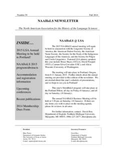 Number 59  Fall 2014 NAAHoLS NEWSLETTER The North American Association for the History of the Language Sciences
