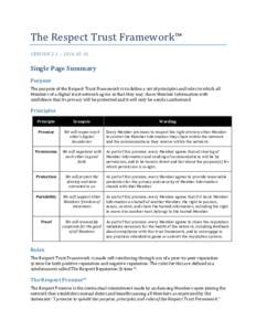 The	
  Respect	
  Trust	
  Framework™	
   VERSION	
  2.1	
  –	
  2016-­‐02-­‐01	
   Single	
  Page	
  Summary	
   Purpose	
   The	
  purpose	
  of	
  the	
  Respect	
  Trust	
  Framework	
  i