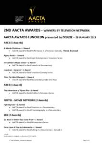 2ND AACTA AWARDS - WINNERS BY TELEVISION NETWORK AACTA AWARDS LUNCHEON presented by DELUXE - 28 JANUARY 2013 ABC1 (5 Awards) A Moody Christmas – 1 Award • AACTA Award for Best Performance in a Television Comedy - Pat