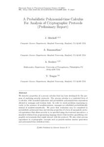 Electronic Notes in Theoretical Computer ScienceURL: http://www.elsevier.nl/locate/entcs/volume45.html 31 pages A Probabilistic Polynomial-time Calculus For Analysis of Cryptographic Protocols (Preliminary Rep