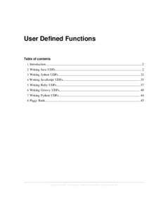 User Defined Functions Table of contents 1 Introduction........................................................................................................................ 2 2 Writing Java UDFs.......................