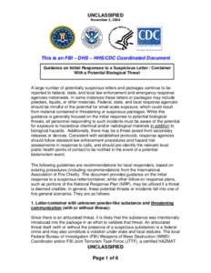 Guidance on Initial Responses to a Suspicious Letter/Container With a Potential Biological Threat