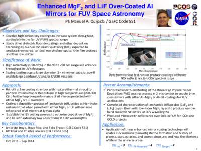 Enhanced MgF2 and LiF Over-Coated Al Mirrors for FUV Space Astronomy PI: Manuel A. Quijada / GSFC Code 551 Objectives and Key Challenges: • Develop high-reflectivity coatings to increase system throughput, particularly