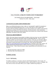 USA CYCLING ATHLETE NOMINATION WORKSHEET 2016 WORLD ROAD CHAMPIONSHIPS – ELITE MEN October 9-16, 2016 – Doha, Qatar AUTOMATIC QUALIFICATION INFORMATION Below you will find information on how a rider can “automatica