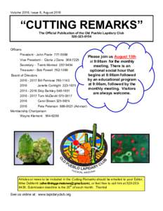 Volume 2016, Issue 8, August 2016  “CUTTING REMARKS” The Official Publication of the Old Pueblo Lapidary Club